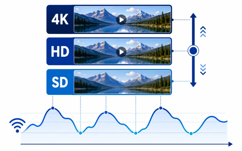 Graphic showing adaptive bitrate streaming switching between 4K, HD and SD