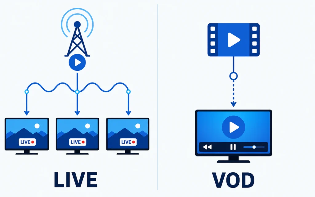 Illustration comparing how live IPTV and video on demand are delivered